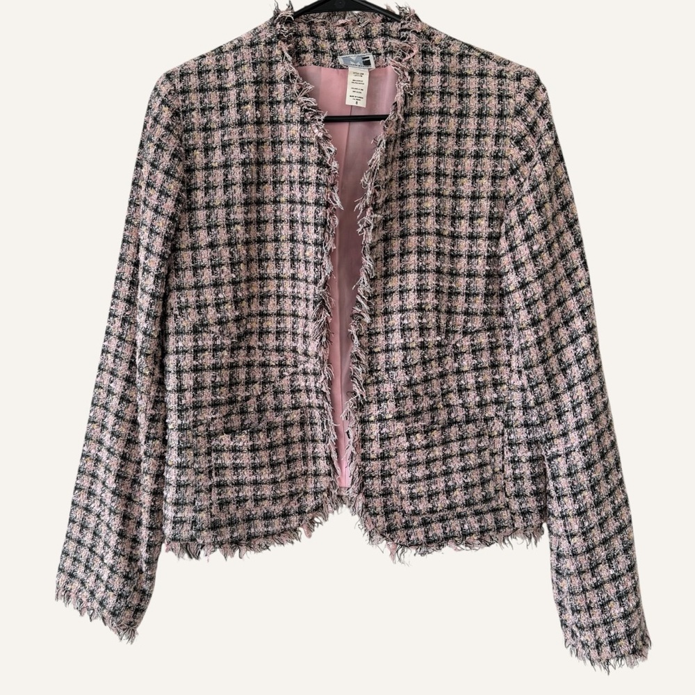 Vintage Modern Image Plaid Pink Tweed Jacket With Fringe Hems Size‎ 8